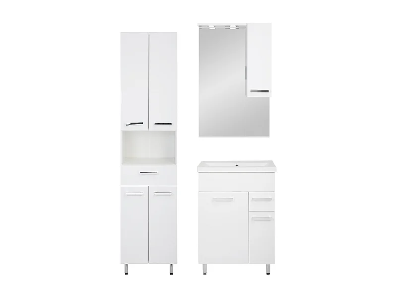 Conjunto blanco para baño de pie 60 cm Armario con lavabo Columna 50 cm Armario con espejo Lupo