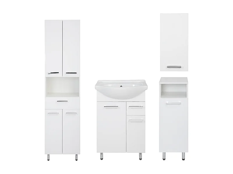 Ensemble de salle de bain blanc sur pied 55 cm Meuble avec lavabo Colonne 50 cm Demi-colonne Meuble haut Lupo