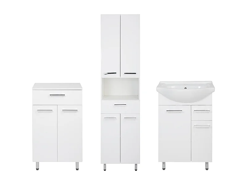 Weißes Badezimmer-Set, stehend, 55 cm, Waschbeckenunterschrank, 50 cm, Kommode Lupo
