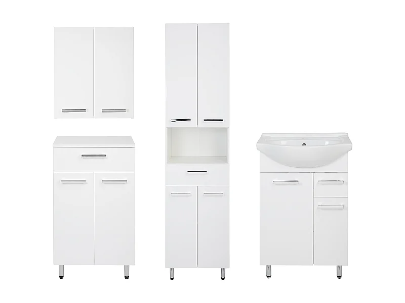 Set da bagno bianco con lavabo da appoggio 55 cm, mobile con lavabo 50 cm, cassettiera, pensile Lupo