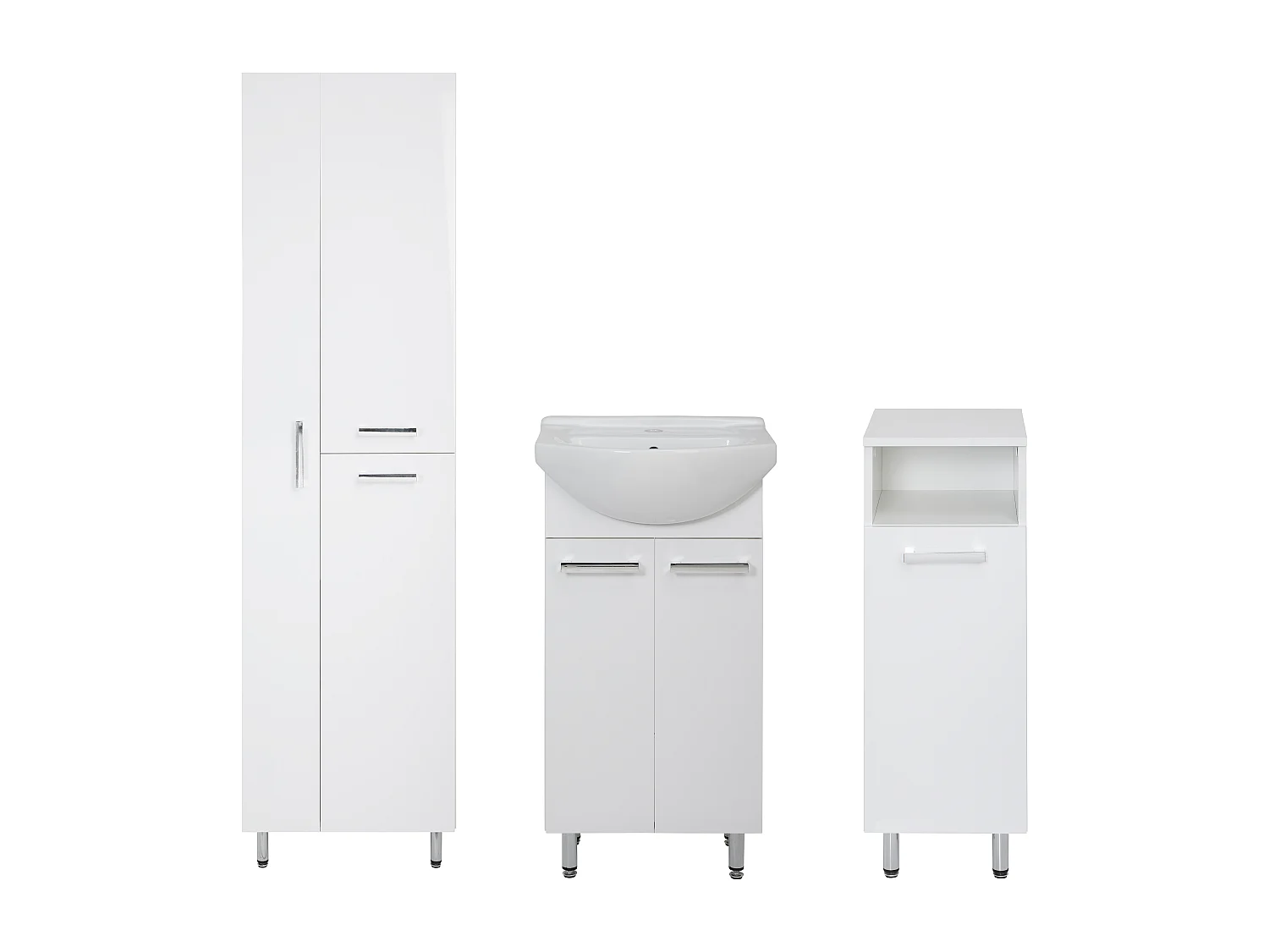 Conjunto blanco para baño de pie, 45 cm. Armario con lavabo. Columna con hueco para fregona. Semicolumna.  Lupo