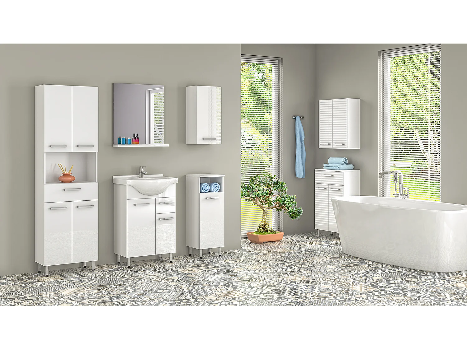 Set da bagno bianco da appoggio 60 cm Mobile con lavabo Colonna Lupo