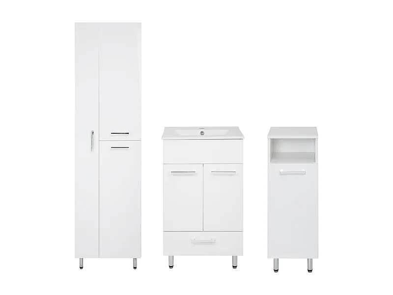 Weißes Badezimmer-Set, stehend, 50 cm, Schrank mit Waschbecken, Säule mit Moppfach, 55 cm, Halb-Säule Lupo