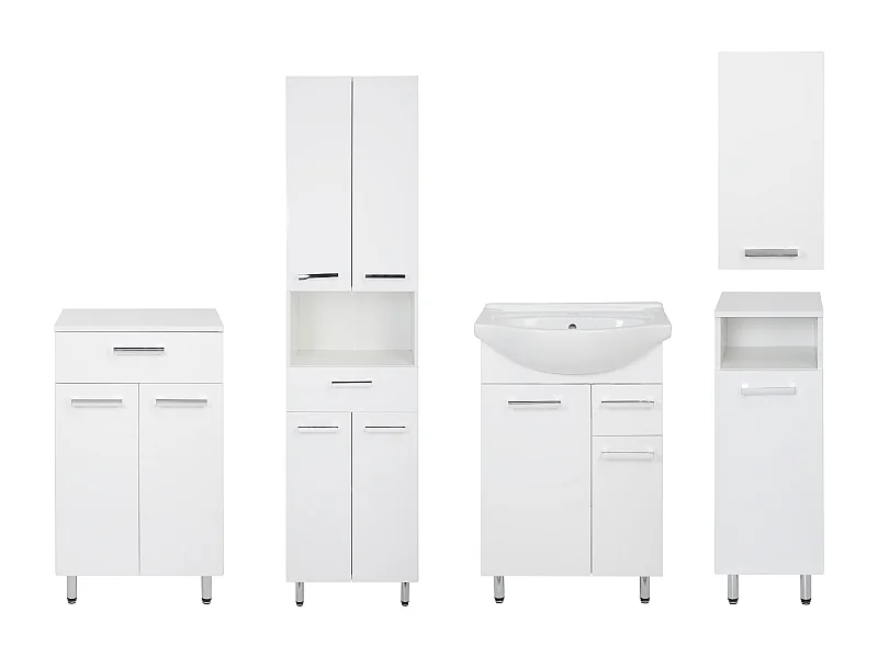 Conjunto blanco para baño de pie 55 cm Armario con lavabo Columna 50 cm Semicolumna Cómoda Armario superior Lupo