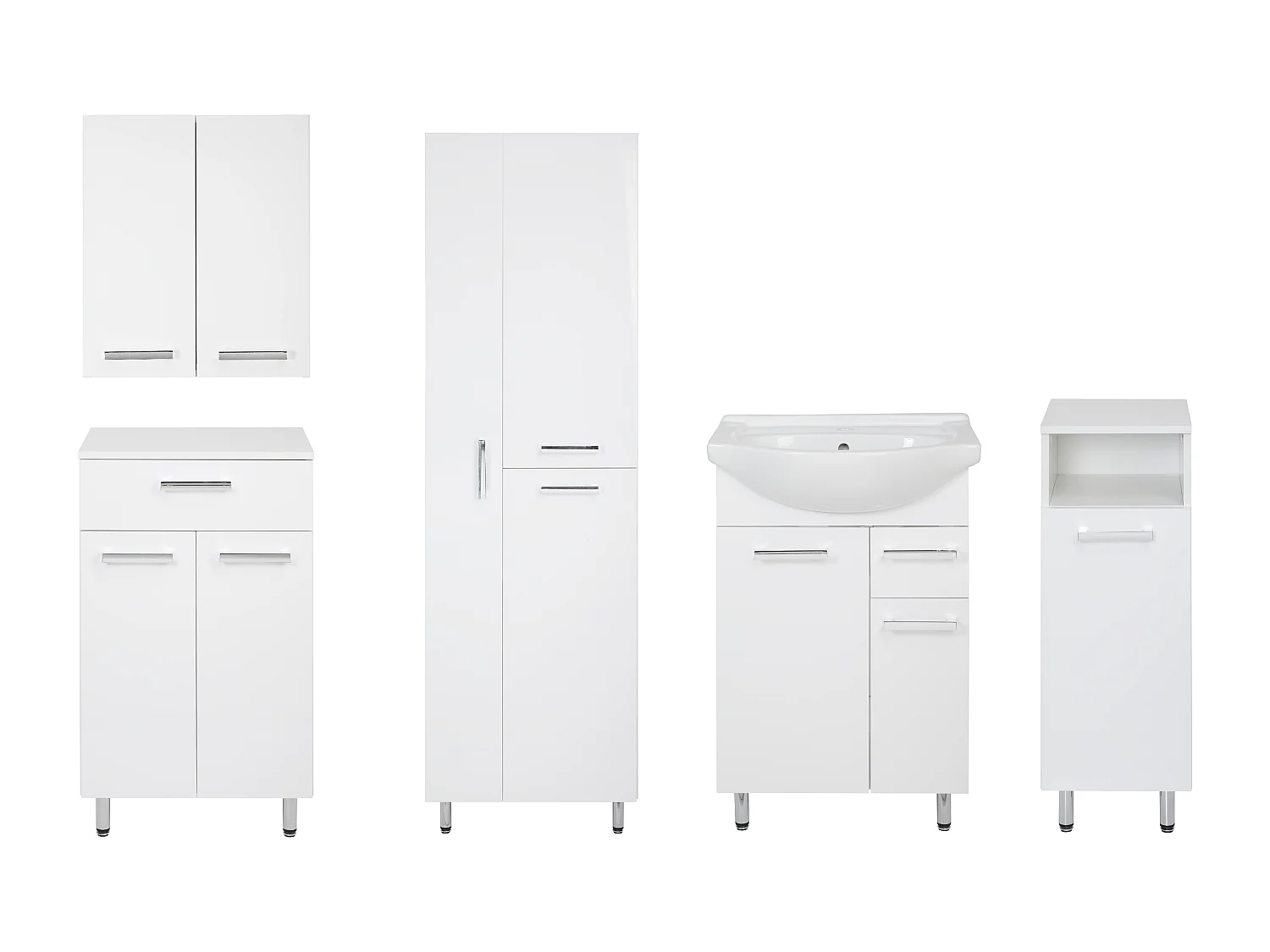 Conjunto blanco para baño de pie, 55 cm. Armario con lavabo, poste para fregona, medio poste, cómoda, armario superior Lupo.