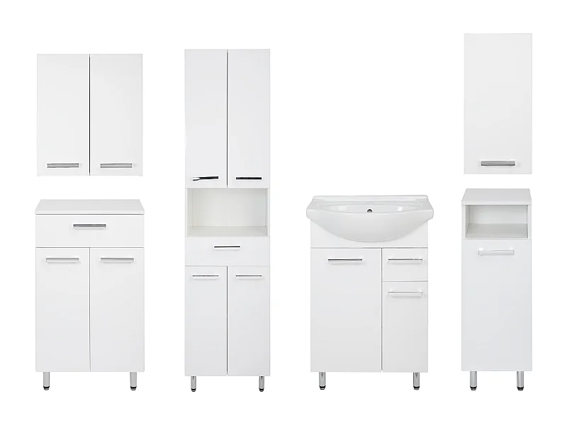 Conjunto blanco para baño de pie 55 cm Armario con lavabo Columna 50 cm Semicolumna Cómoda Armarios superiores Lupo