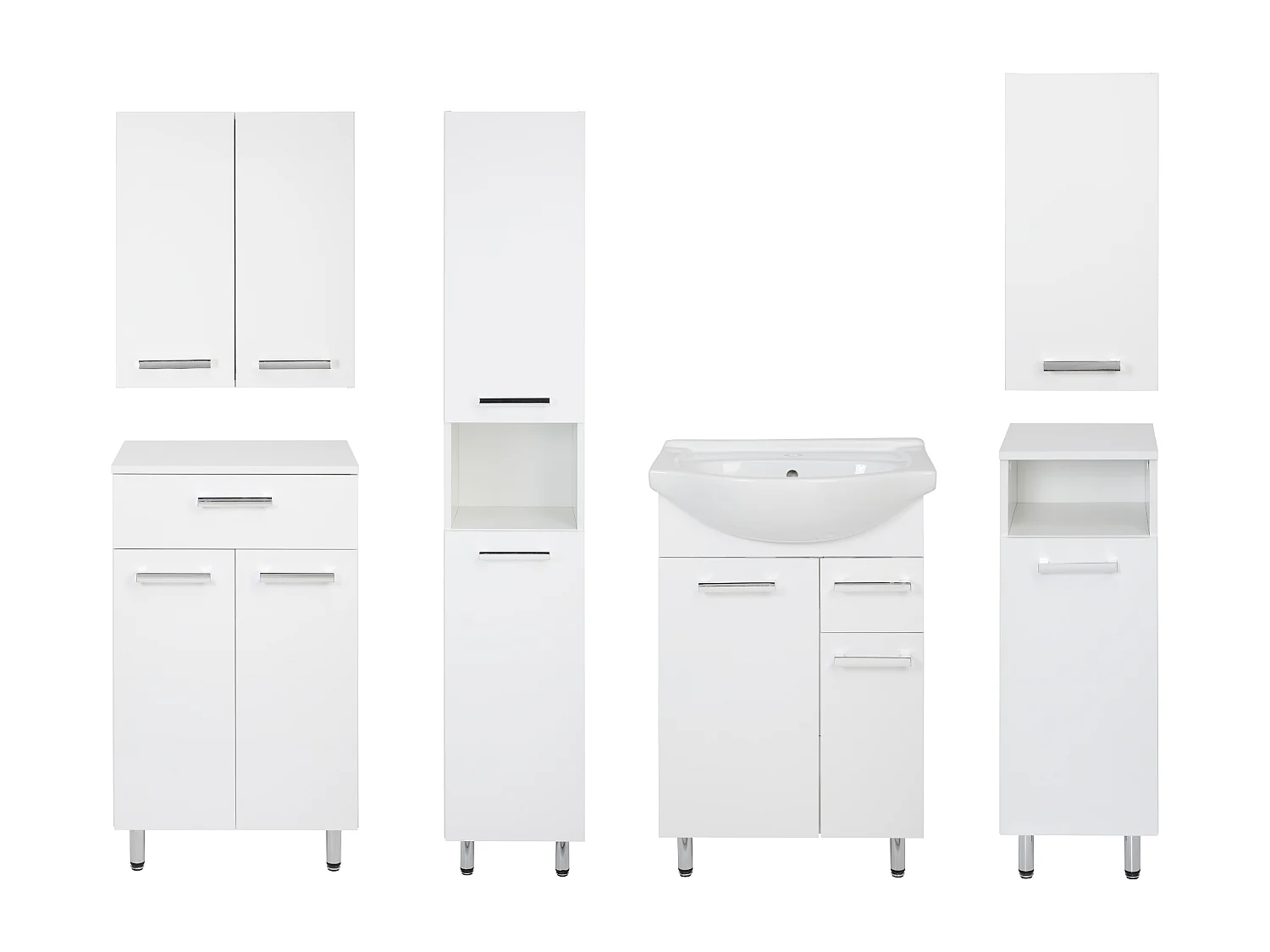 Ensemble de salle de bain blanc sur pied 55 cm Armoire avec lavabo Colonne Demi-colonne Commode Armoires supérieures Lupo