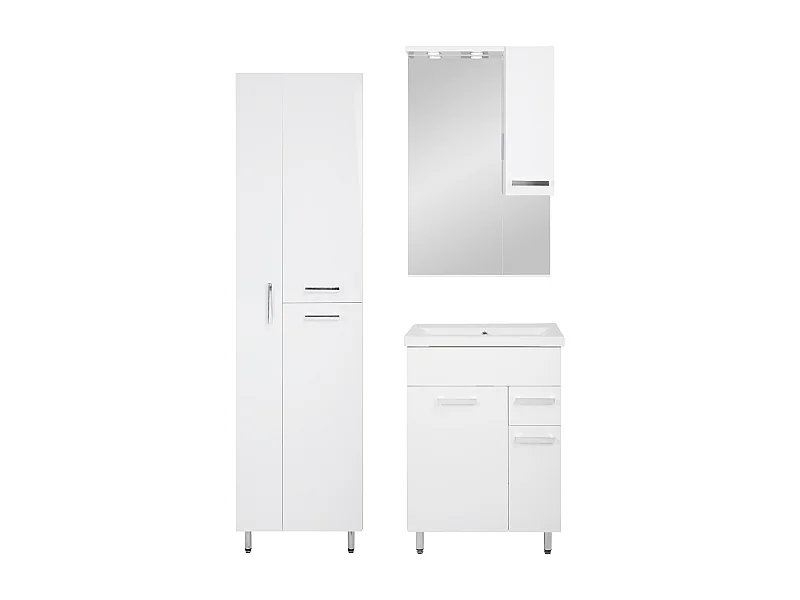 Conjunto blanco para baño de pie, 60 cm, armario con lavabo, barra para fregona, armario con espejo Lupo.