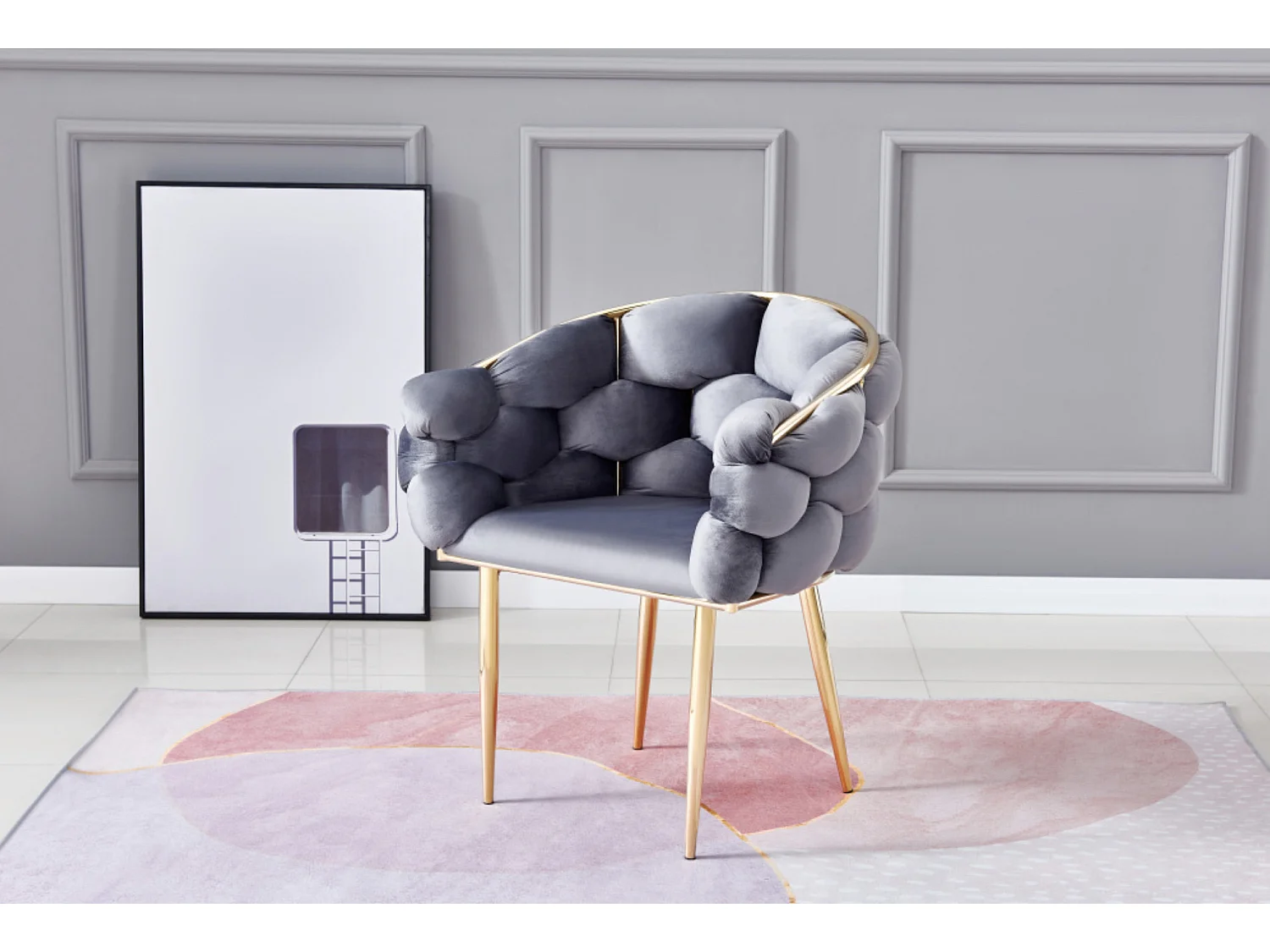 Chaise design capitonnée Florenca - Lot de 2-Anthracite-Piètement Doré