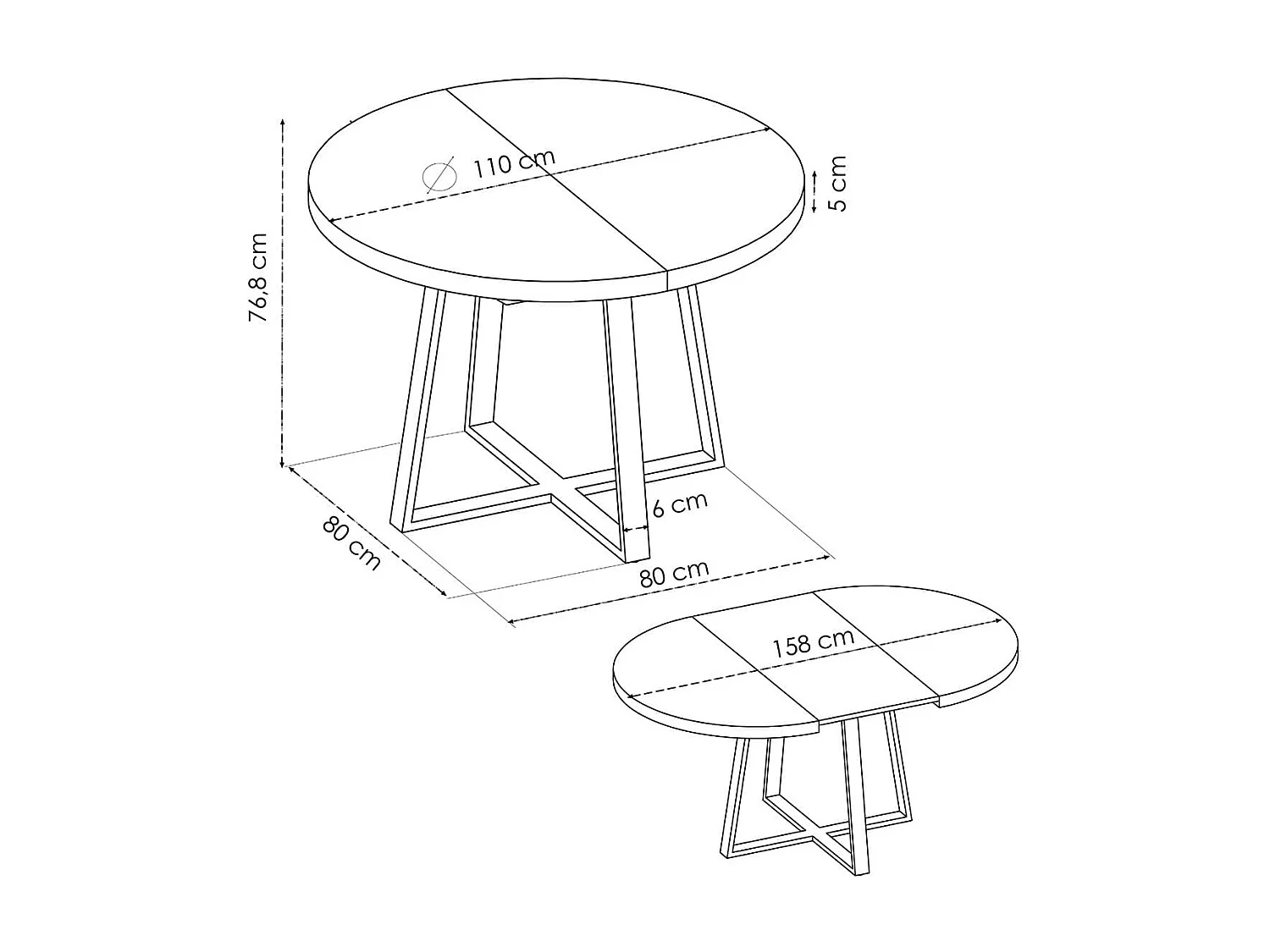 Table ronde extensible AUCUNE DUNA 4 à 6 personnes décor chêne naturel et métal noir L110 x P110/152 x H77 cm