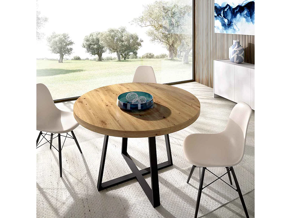 Table ronde extensible AUCUNE DUNA 4 à 6 personnes décor chêne naturel et métal noir L110 x P110/152 x H77 cm