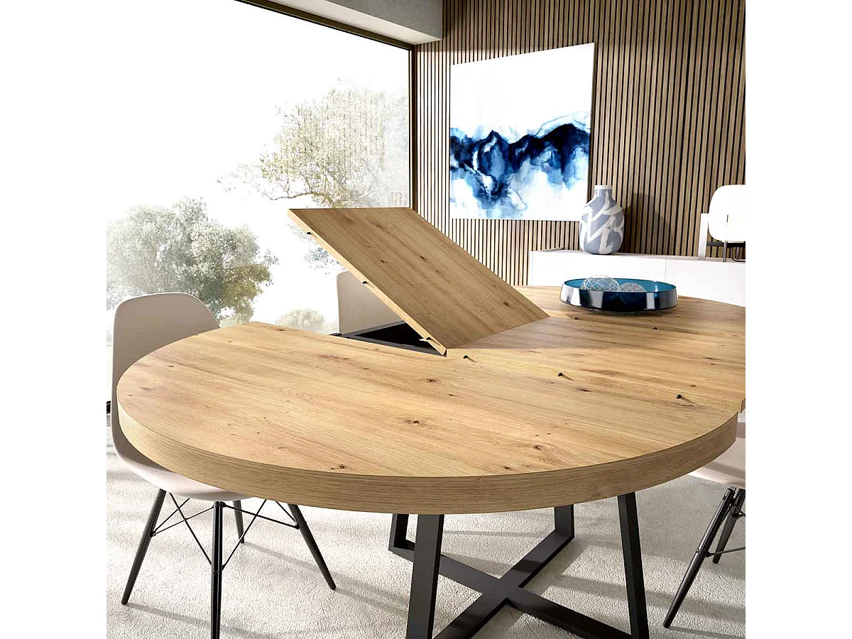 Table ronde extensible AUCUNE DUNA 4 à 6 personnes décor chêne naturel et métal noir L110 x P110/152 x H77 cm