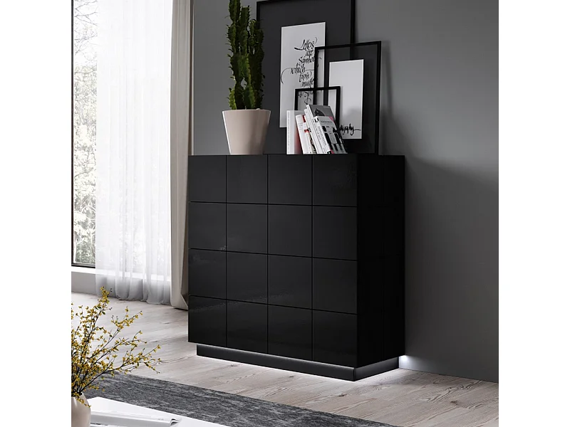 Commode design noir brillant + LED Flow - bleu