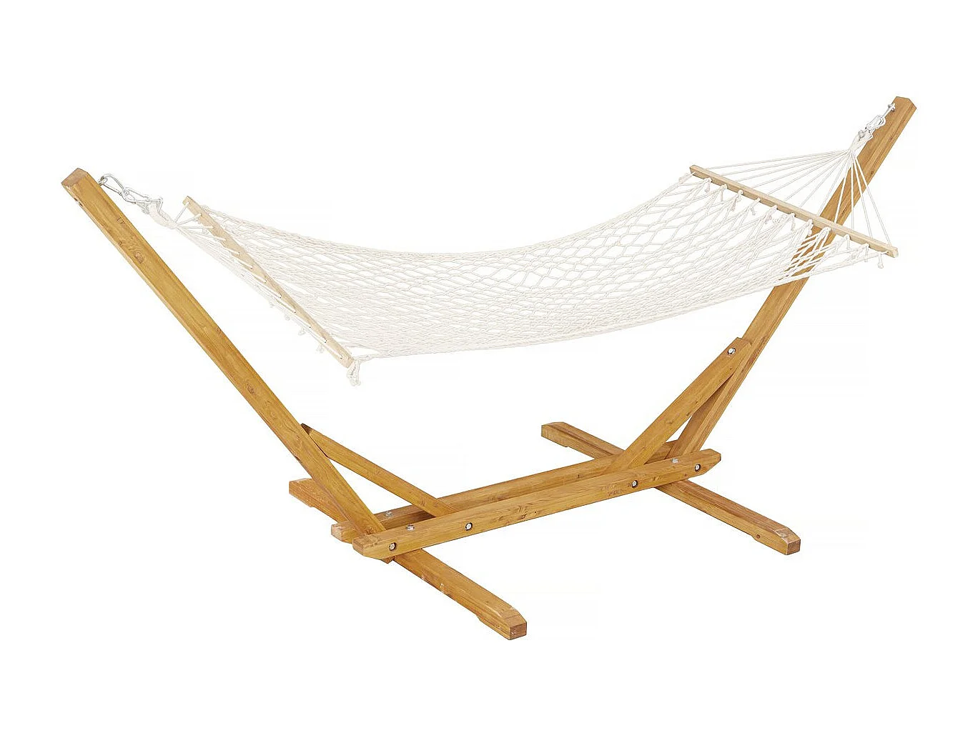 Hamaca de madera con tela macramé blanca "Dallas" 305x120x123 cm, soporte robusto, estilo bohemio, carga 120 kg