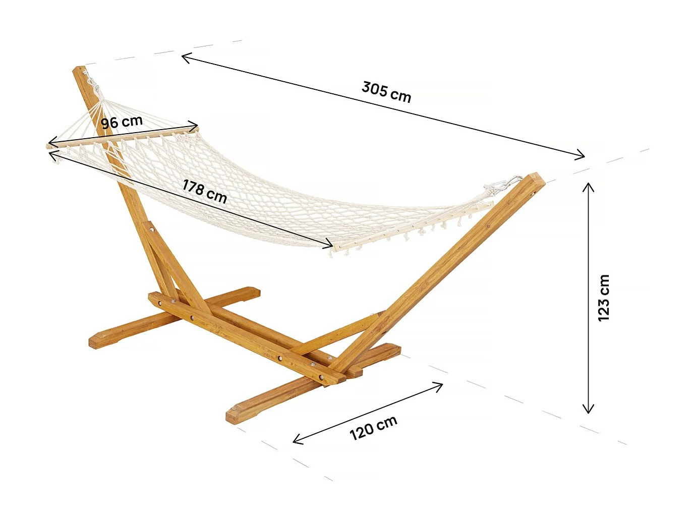 Hamaca de madera con tela macramé blanca "Dallas" 305x120x123 cm, soporte robusto, estilo bohemio, carga 120 kg