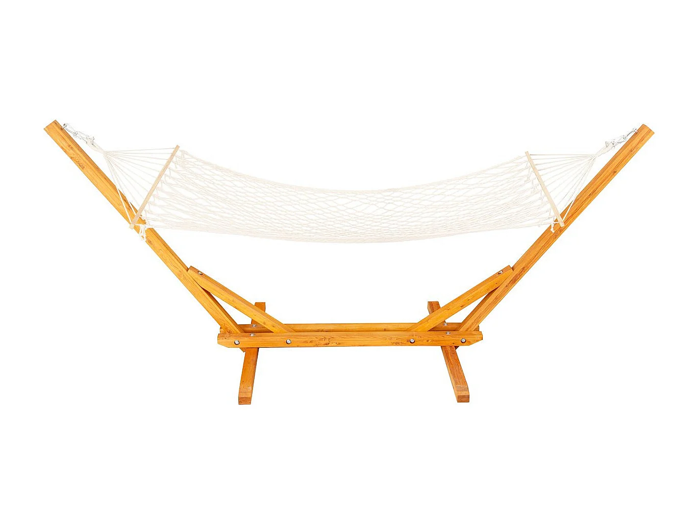 Hamaca de madera con tela macramé blanca "Dallas" 305x120x123 cm, soporte robusto, estilo bohemio, carga 120 kg