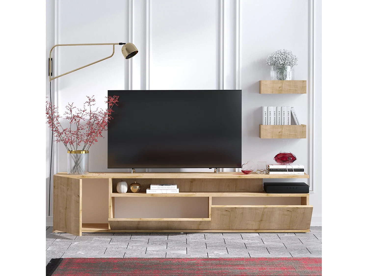 Szafka RTV z drewna dębowego "Alika" 180x35x45 cm z 3 drzwiami i 3 półkami – nowoczesny design i praktyczne przechowywanie