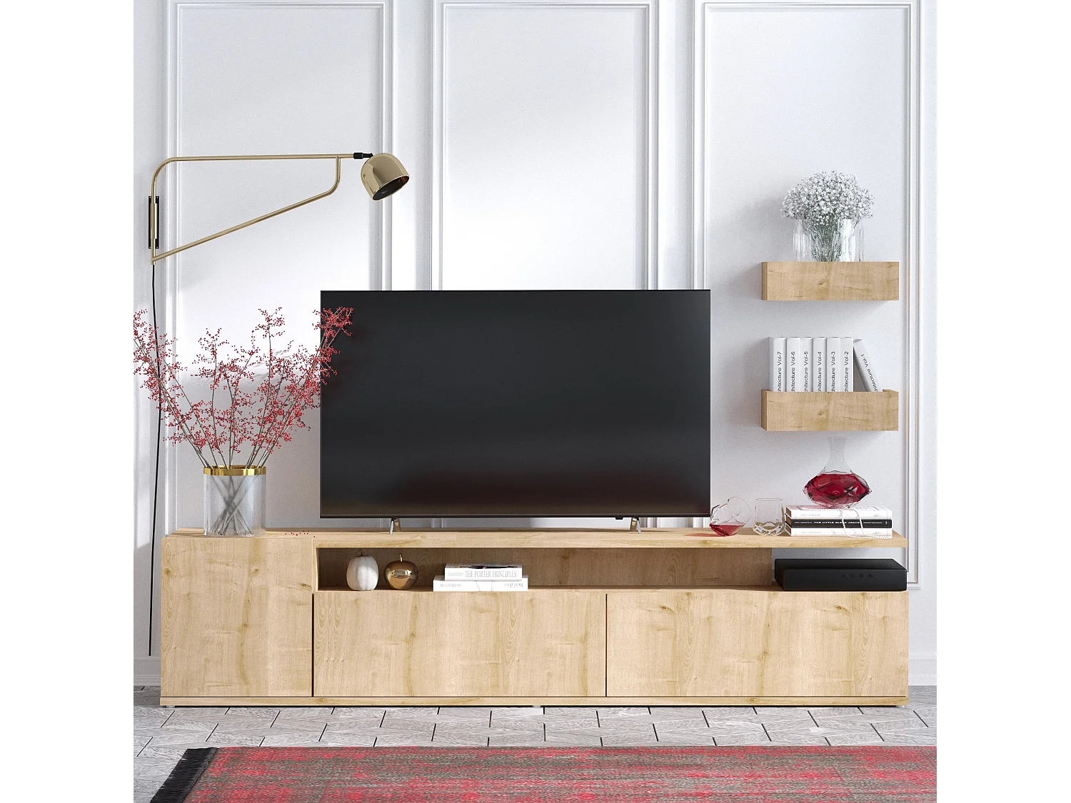 Szafka RTV z drewna dębowego "Alika" 180x35x45 cm z 3 drzwiami i 3 półkami – nowoczesny design i praktyczne przechowywanie