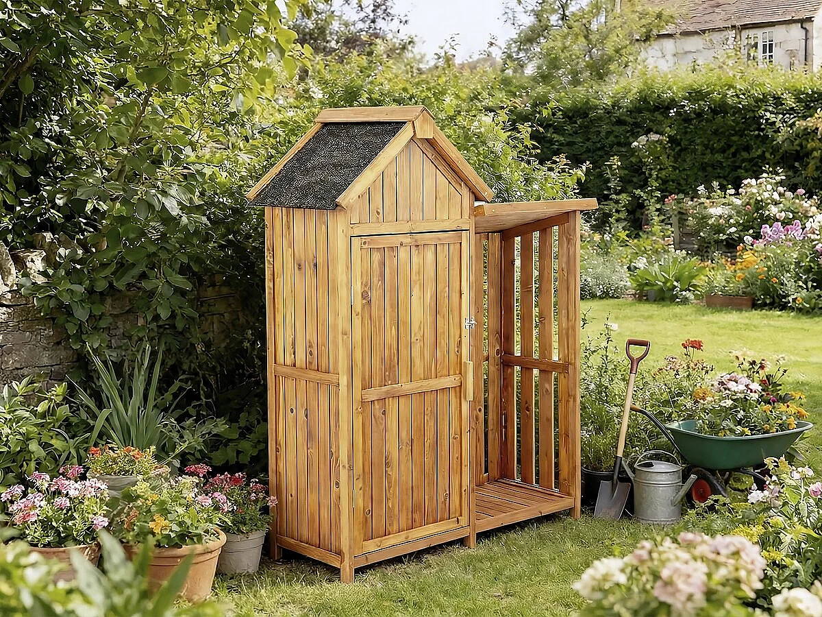 Armoire de jardin en bois avec range-bûches "Noé" - 136 x 57 x 170 cm - Marron
