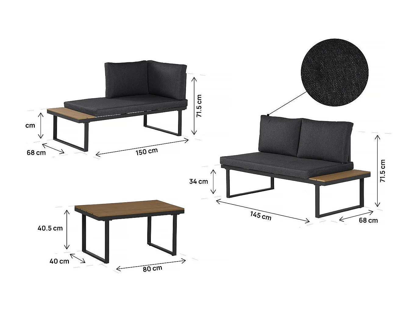 Conjunto de muebles de jardín, sofá esquinero de imitación madera "Liora" - 4 plazas - Gris