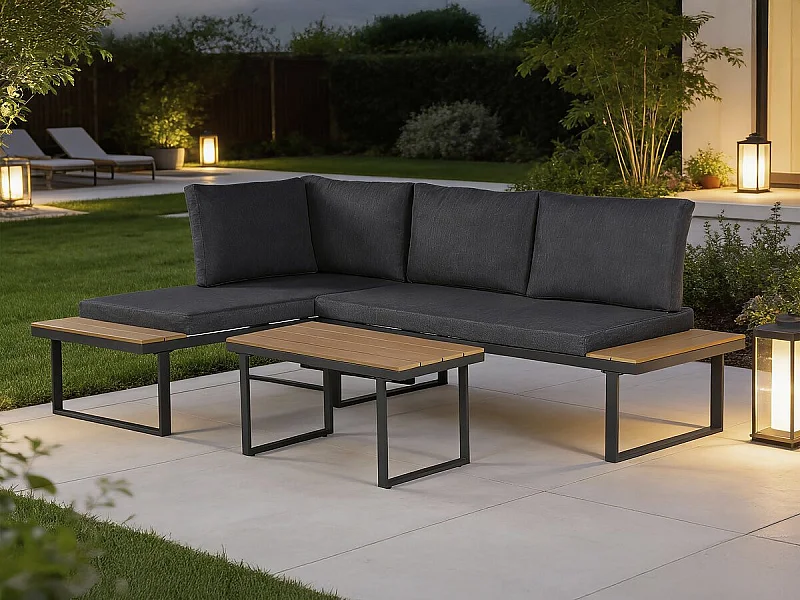 Conjunto de muebles de jardín, sofá esquinero de imitación madera "Liora" - 4 plazas - Gris