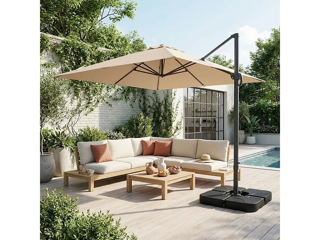 Parasol déporté rectangulaire 3x4m + dalles à lester 50x50cm beige - Wimereux + Fixeo