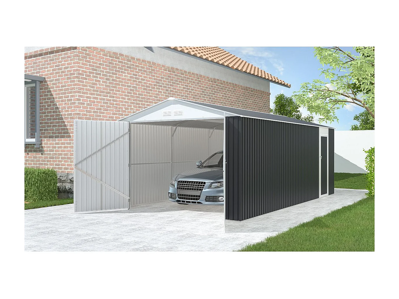 Garage métal "Houston" 18,56m² avec gouttière - Anthracite, résistant aux intempéries et écologique