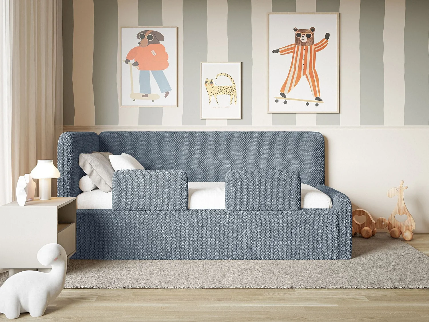Lit enfant 90x200 – barrière de sécurité, matelas, tête de lit à gauche – en peluche – bleu – FANKO