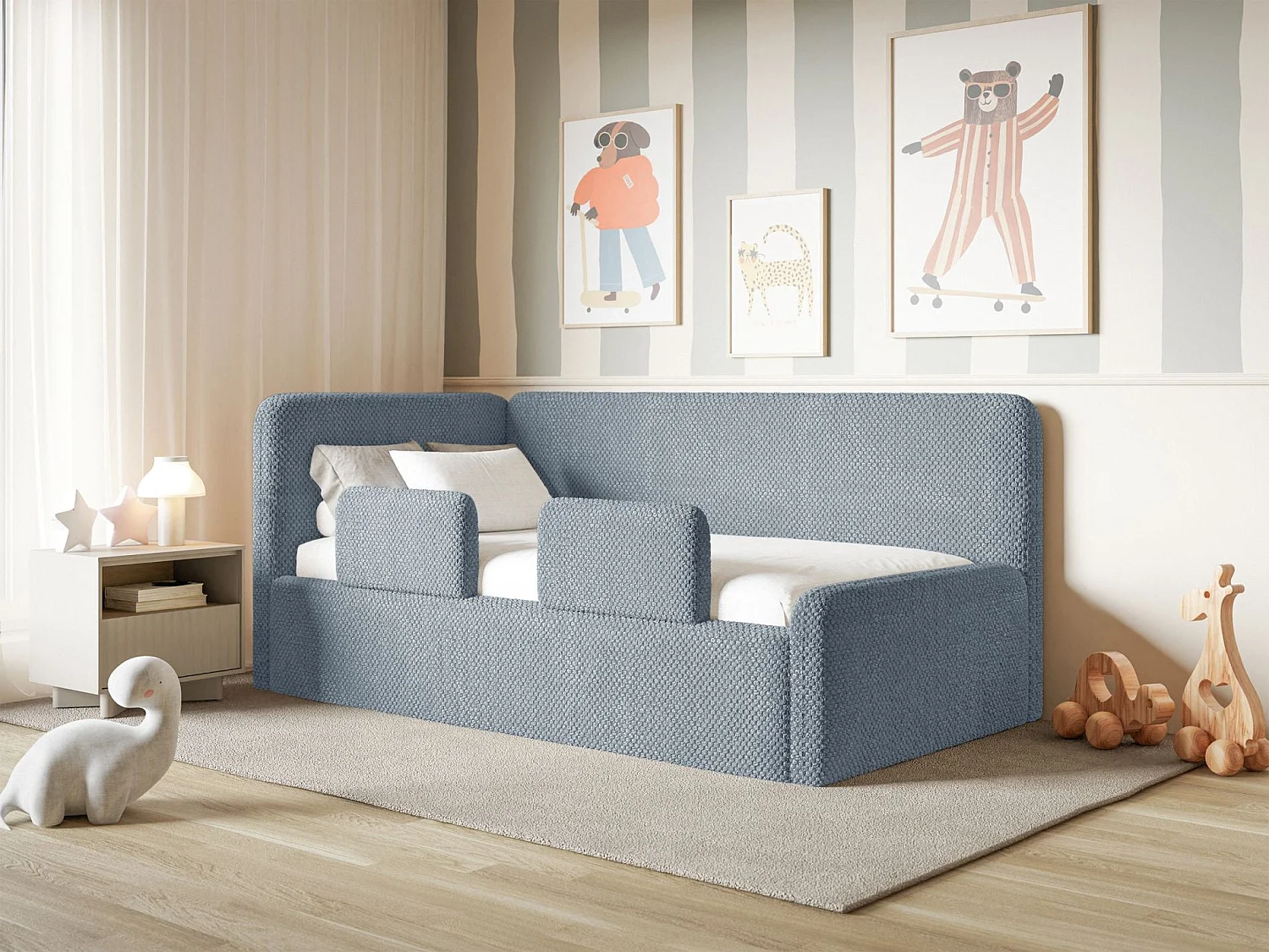 Lit enfant 90x200 – barrière de sécurité, matelas, tête de lit à gauche – en peluche – bleu – FANKO