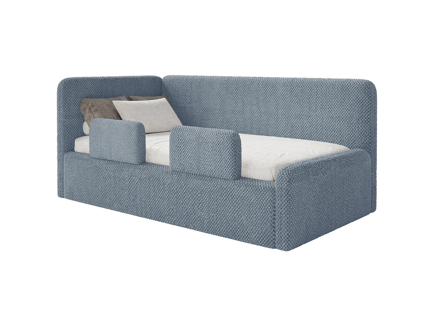 Lit enfant 90x200 – barrière de sécurité, matelas, tête de lit à gauche – en peluche – bleu – FANKO
