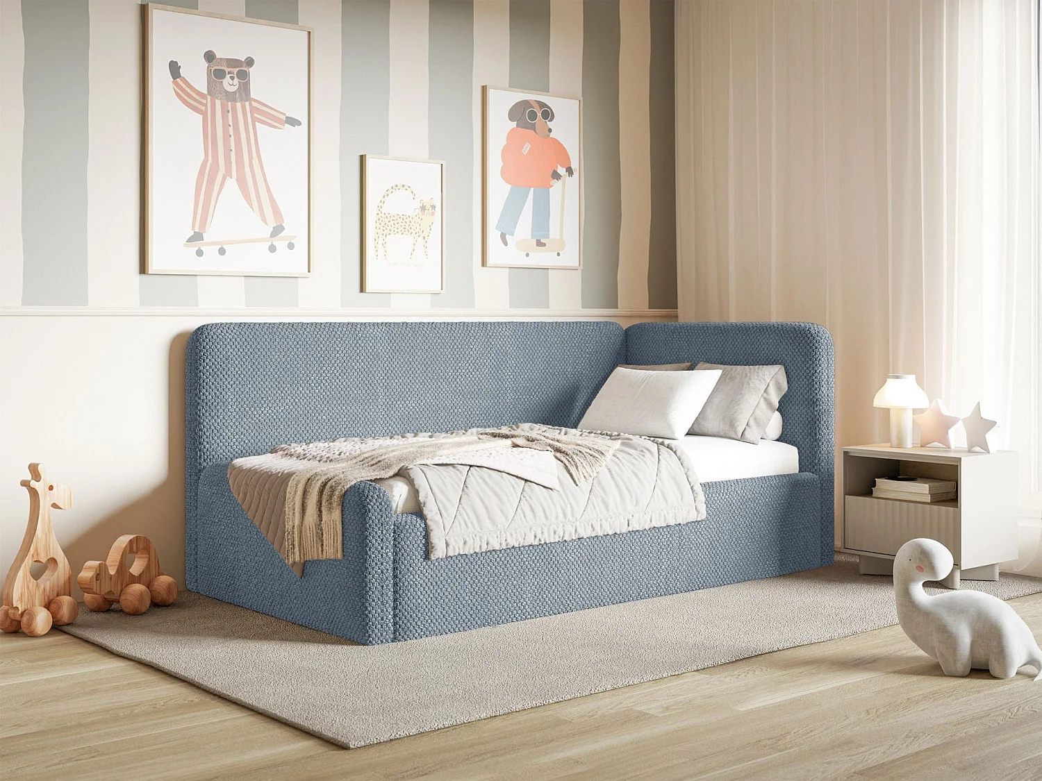 Lit enfant 90x200 – barrière de sécurité, tête de lit à droite – en peluche – bleu – FANKO