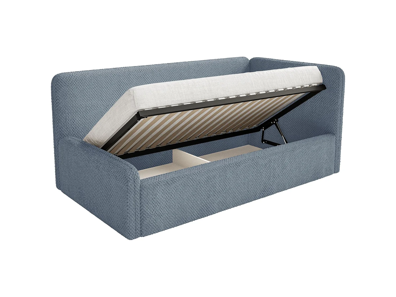 Lit enfant 90x200 – barrière de sécurité, tête de lit à droite – en peluche – bleu – FANKO