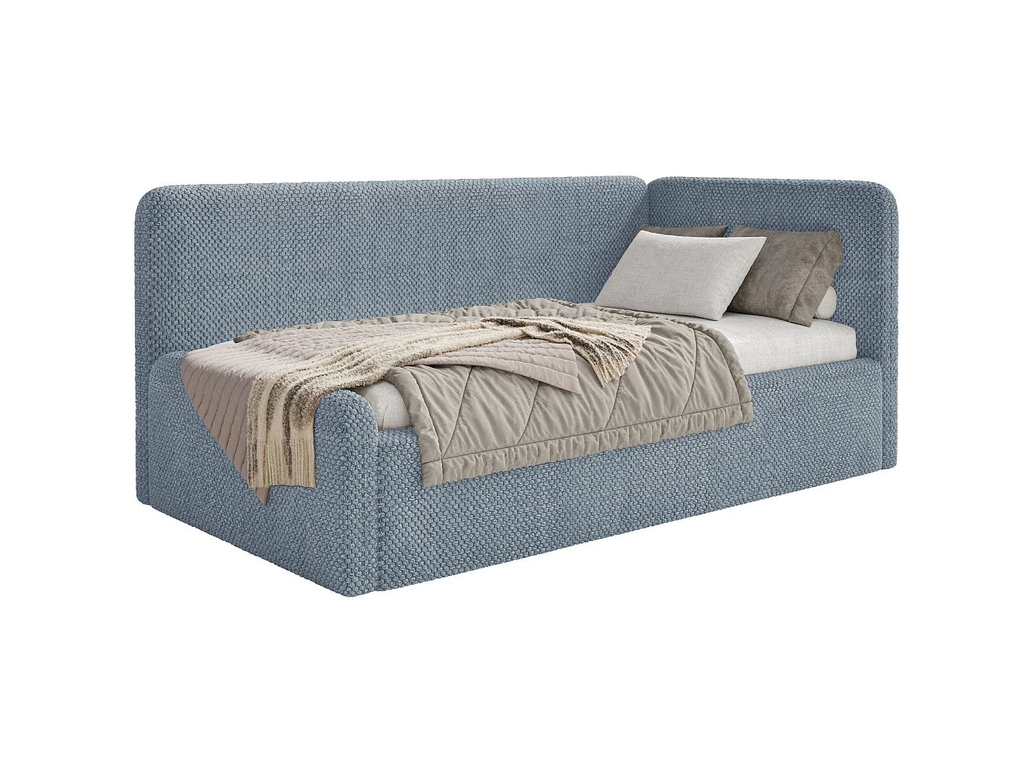 Lit enfant 90x200 – barrière de sécurité, tête de lit à droite – en peluche – bleu – FANKO