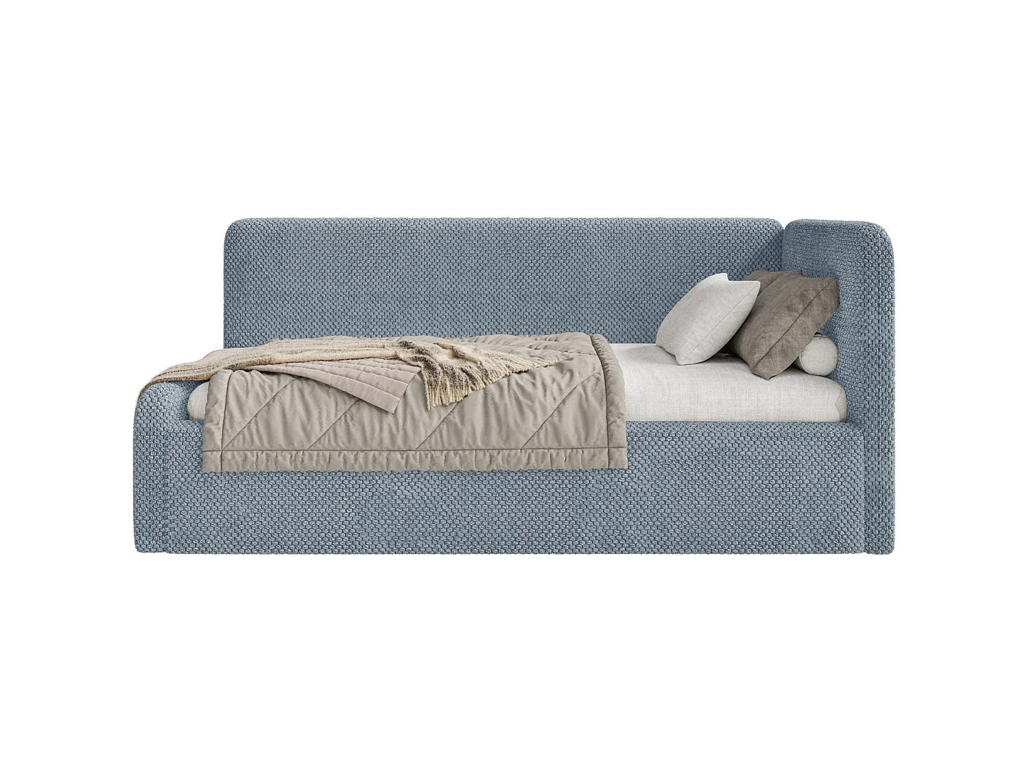 Lit enfant 90x200 – barrière de sécurité, tête de lit à droite – en peluche – bleu – FANKO