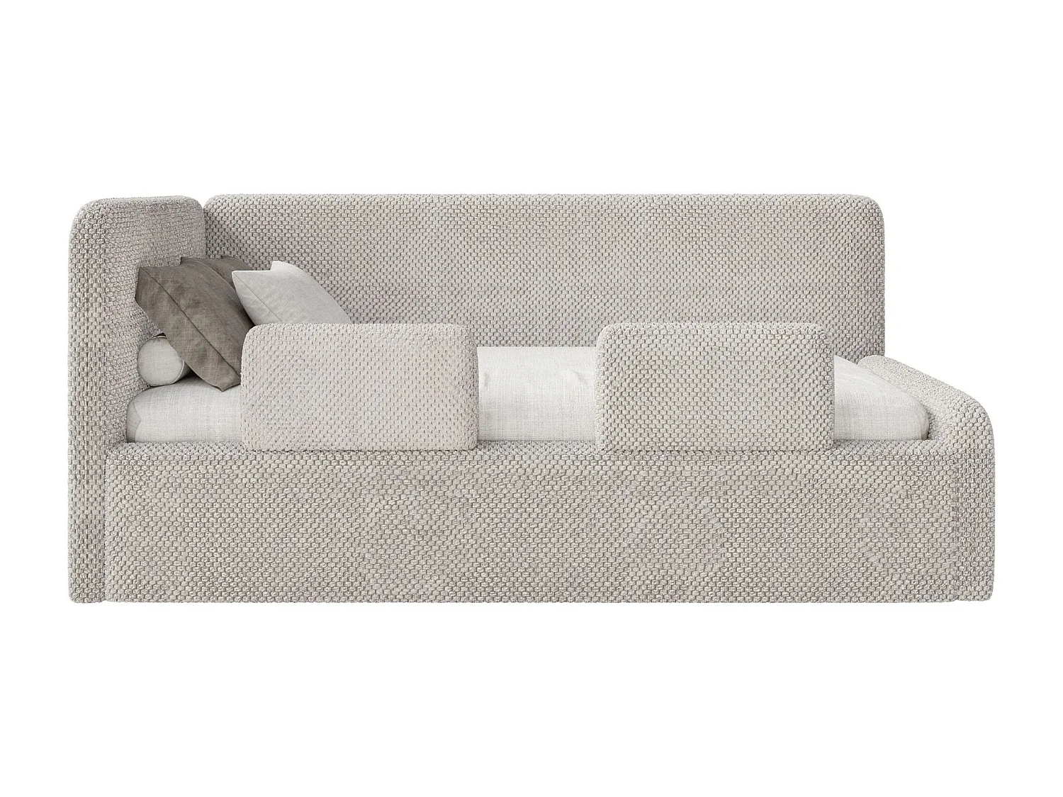 Kinderbett mit Kopfteil links – Matratze – Samt – Rausfallschutz – Samt – Greige – 90x200 cm – FANKO