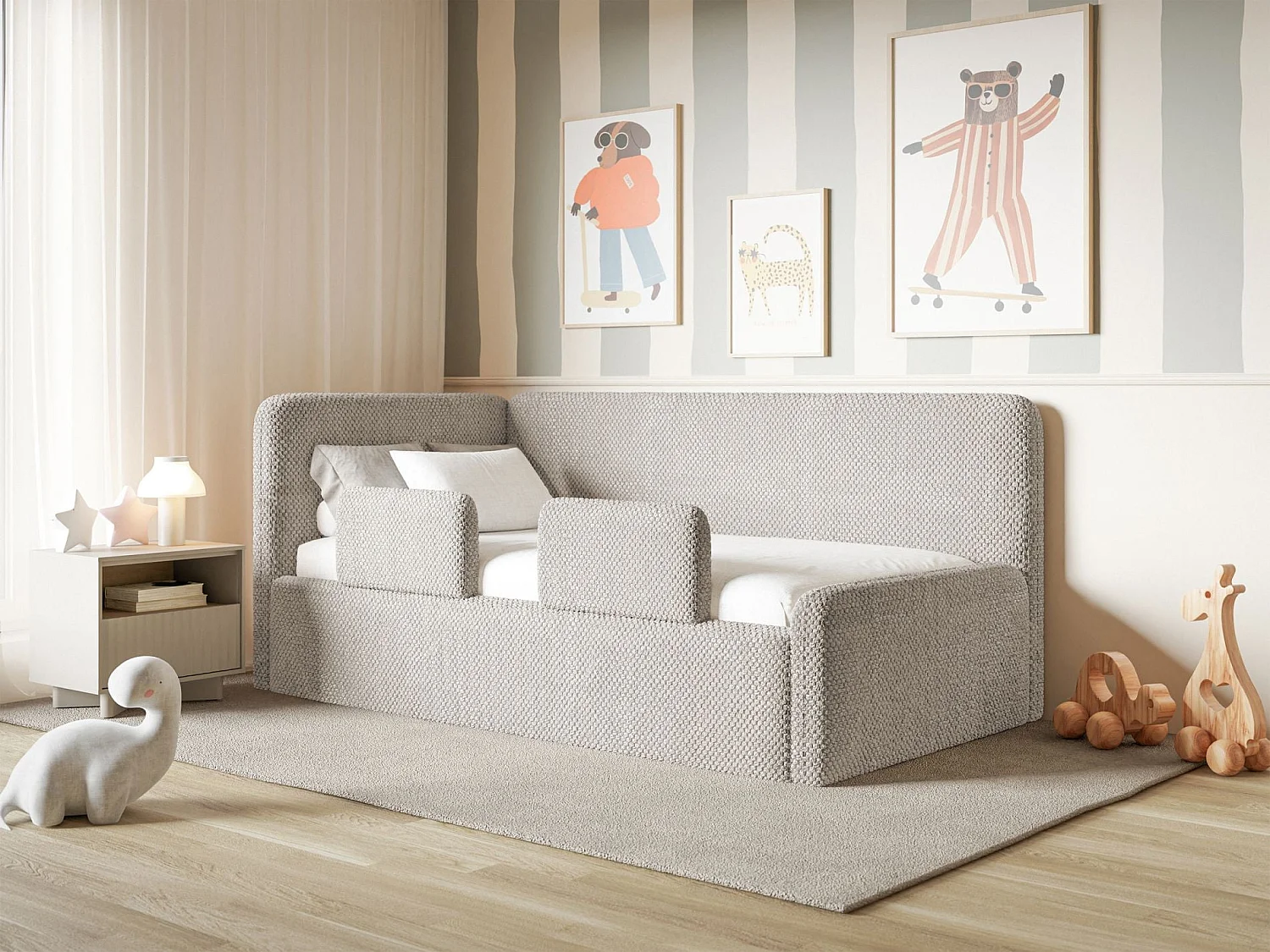 Lit enfant 90x200 – barrière de sécurité, matelas, tête de lit à gauche – en peluche – grège – FANKO