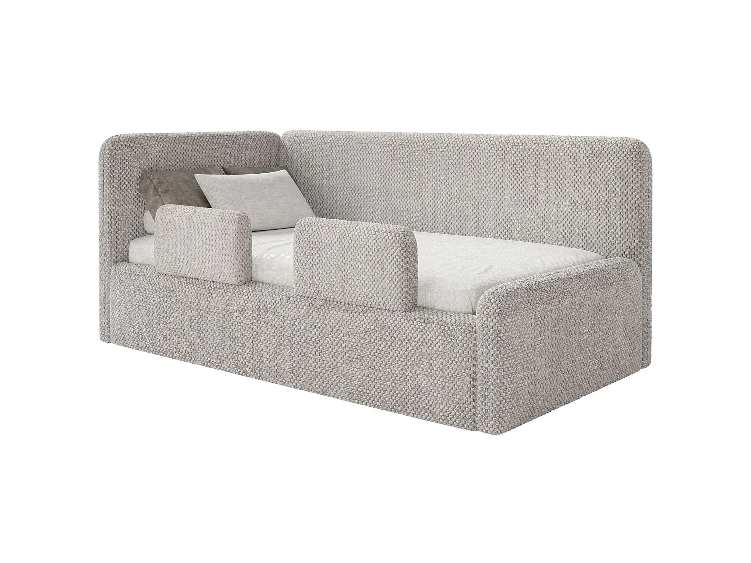 Lit enfant 90x200 – barrière de sécurité, matelas, tête de lit à gauche – en peluche – grège – FANKO