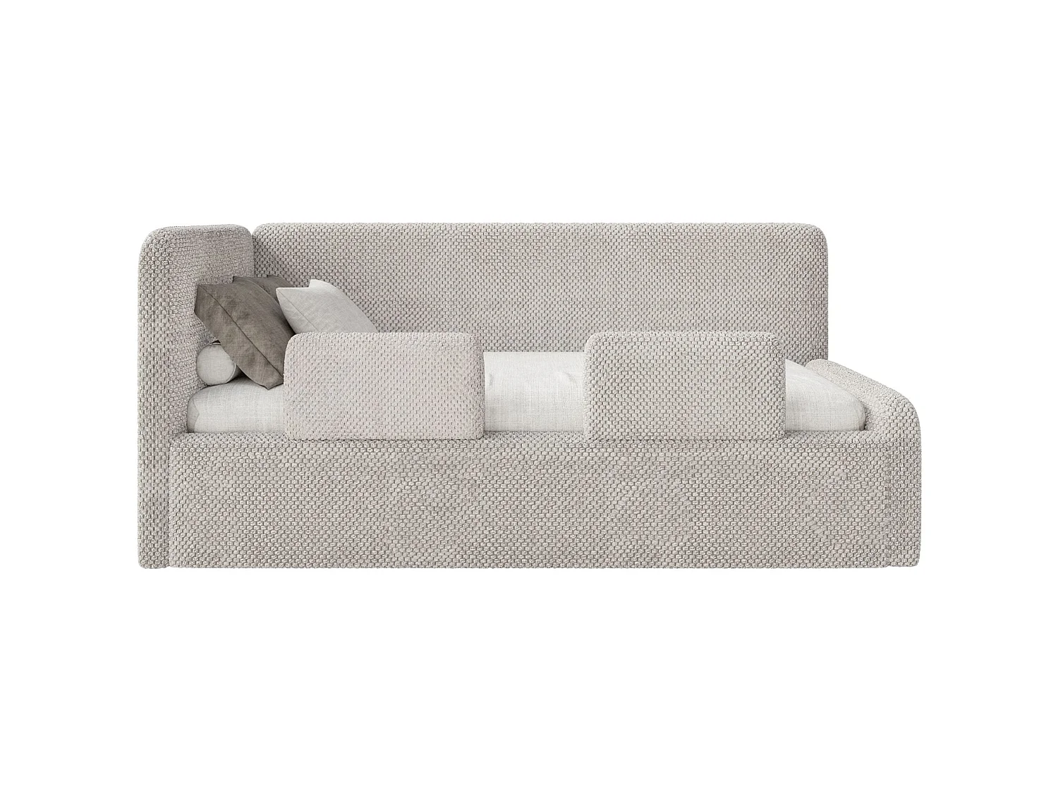 Lit enfant 90x200 – barrière de sécurité, matelas, tête de lit à gauche – en peluche – grège – FANKO