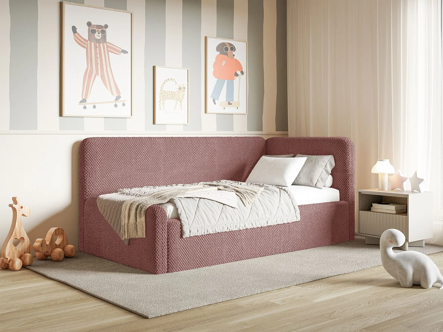 Lit enfant 90x200 – barrière de sécurité, tête de lit à droite – en peluche – rose – FANKO
