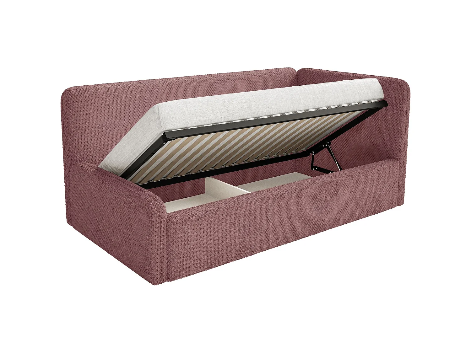 Lit enfant 90x200 – barrière de sécurité, tête de lit à droite – en peluche – rose – FANKO