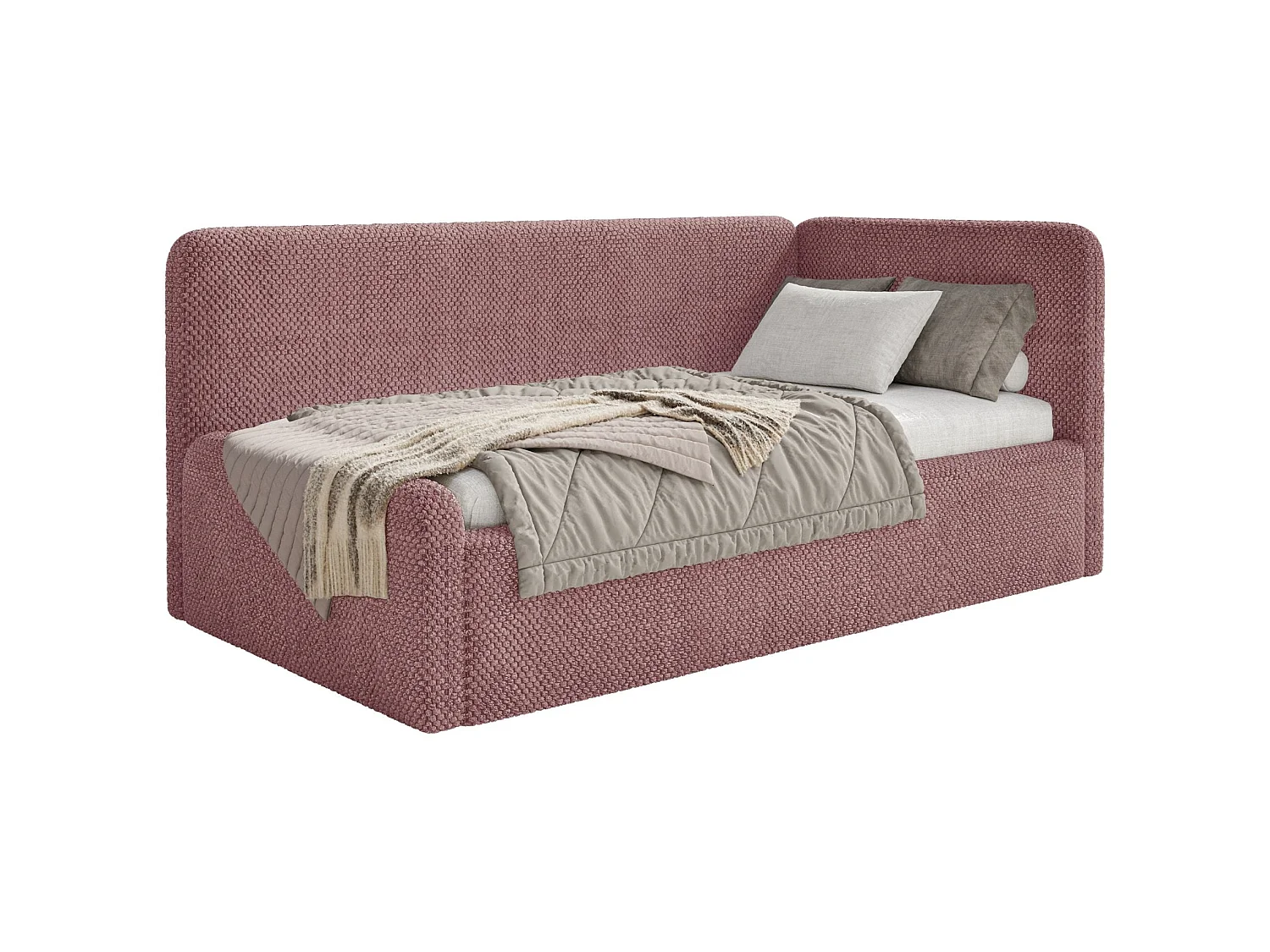 Lit enfant 90x200 – barrière de sécurité, tête de lit à droite – en peluche – rose – FANKO