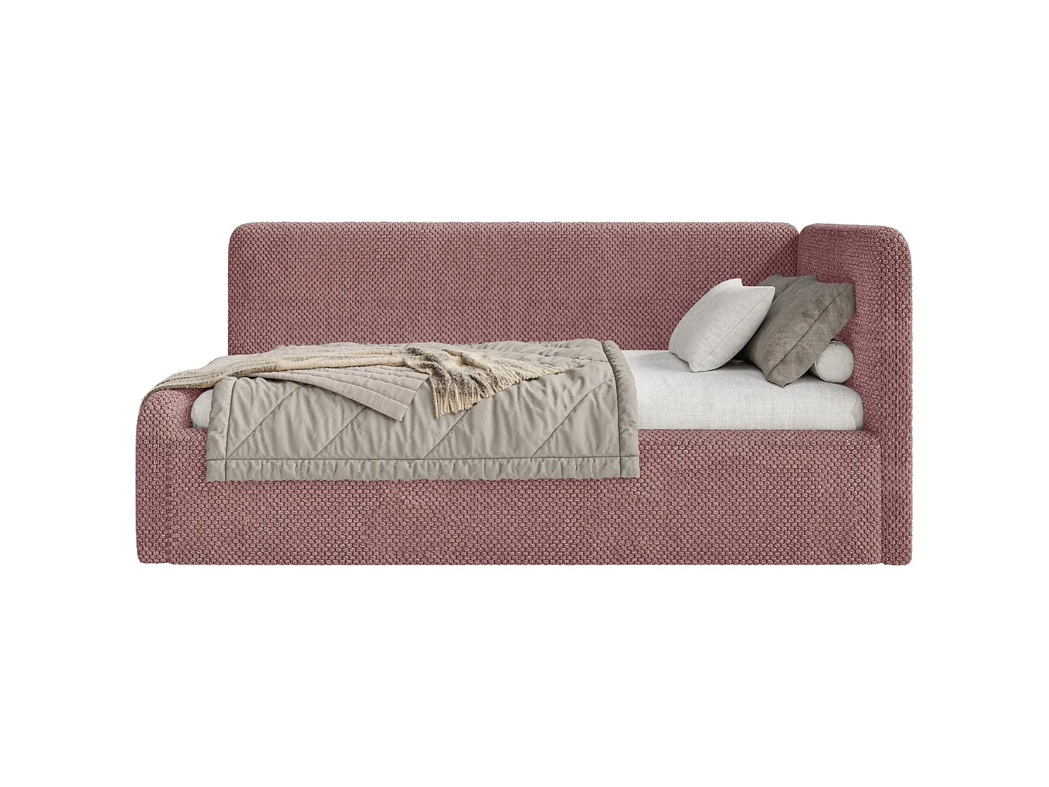 Lit enfant 90x200 – barrière de sécurité, tête de lit à droite – en peluche – rose – FANKO
