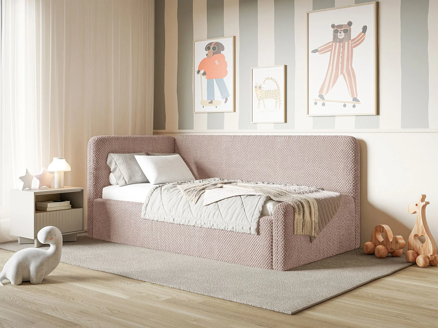 Lit junior 90x200 – matelas, tête de lit à gauche – en peluche – rose poudré – FANKO