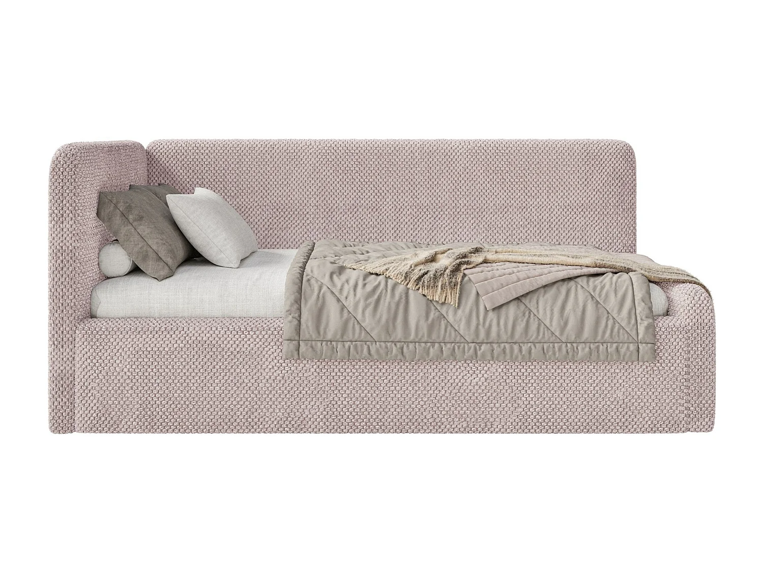 Lit junior 90x200 – matelas, tête de lit à gauche – en peluche – rose poudré – FANKO