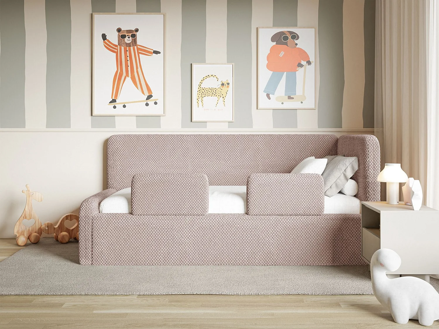 Kinderbed 90x200 met uitvalbeveiliging, matras en hoofdbord rechts – velours – poederroze – FANKO