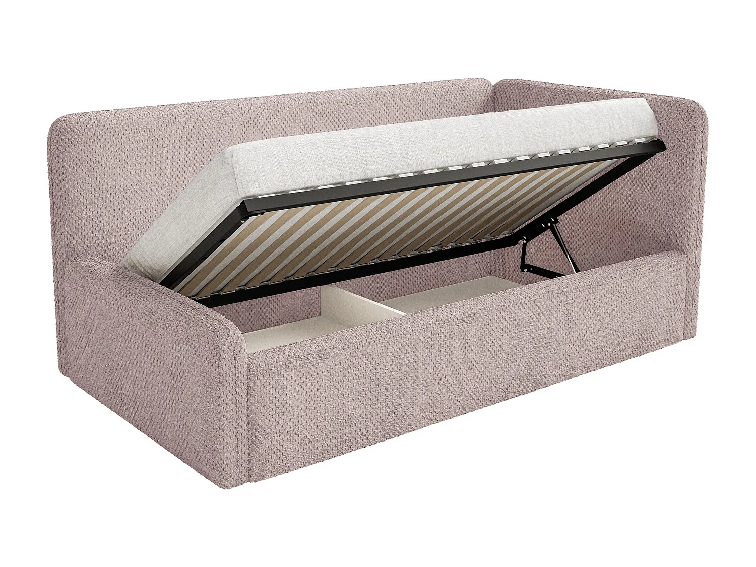 Kinderbed 90x200 met uitvalbeveiliging, matras en hoofdbord rechts – velours – poederroze – FANKO