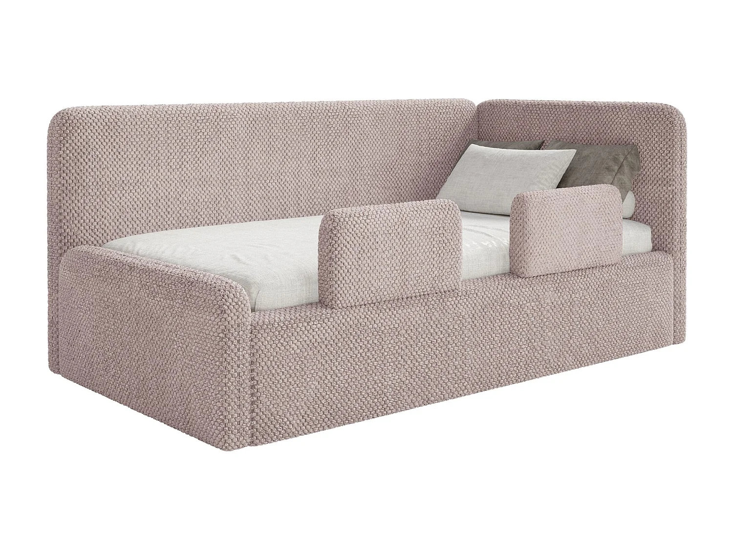 Kinderbed 90x200 met uitvalbeveiliging, matras en hoofdbord rechts – velours – poederroze – FANKO