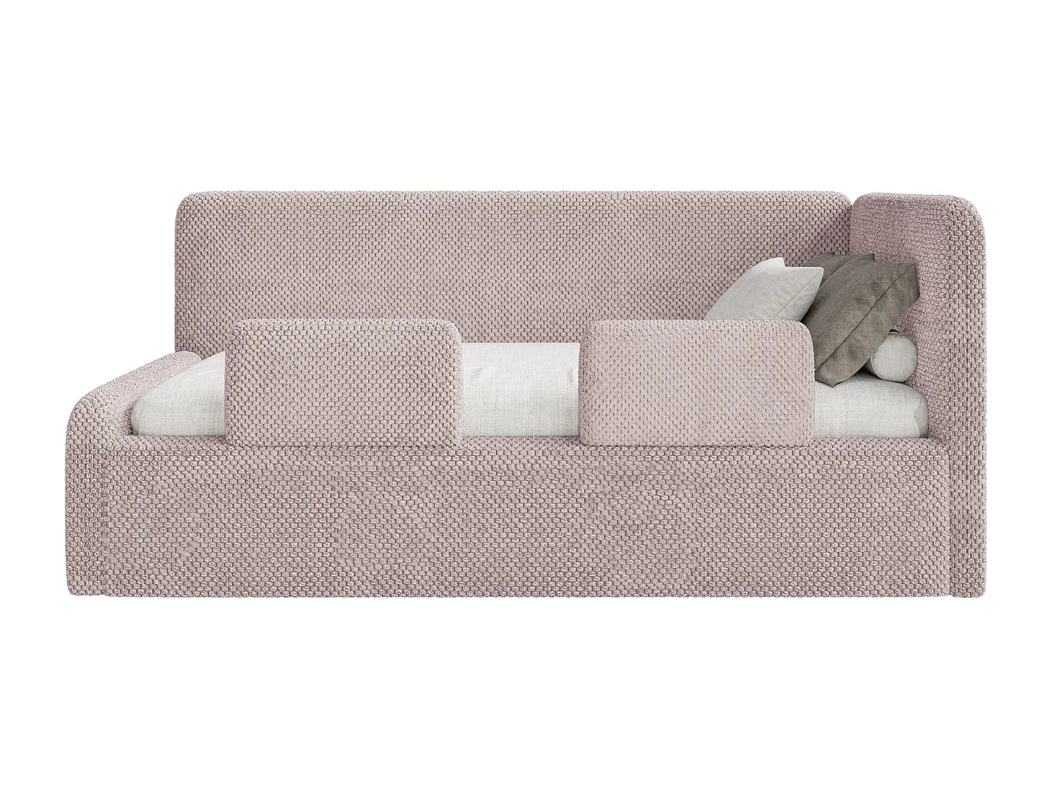 Kinderbed 90x200 met uitvalbeveiliging, matras en hoofdbord rechts – velours – poederroze – FANKO