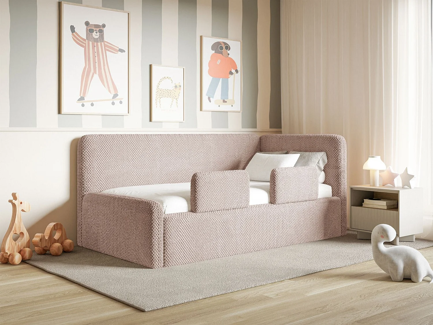 Lit enfant 90x200 – barrière de sécurité, matelas, tête de lit à droite – en peluche – rose poudré – FANKO