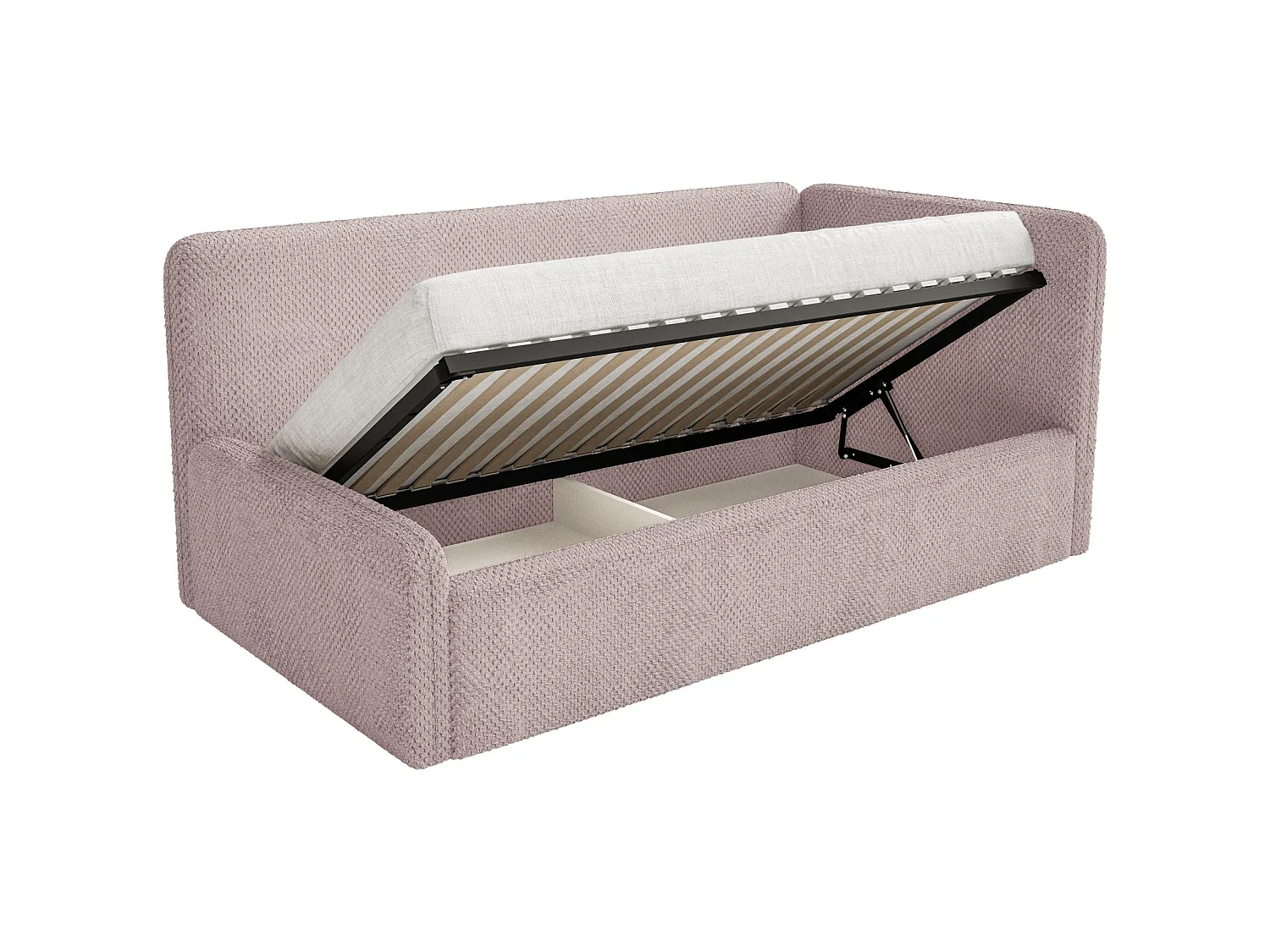 Lit enfant 90x200 – barrière de sécurité, matelas, tête de lit à droite – en peluche – rose poudré – FANKO